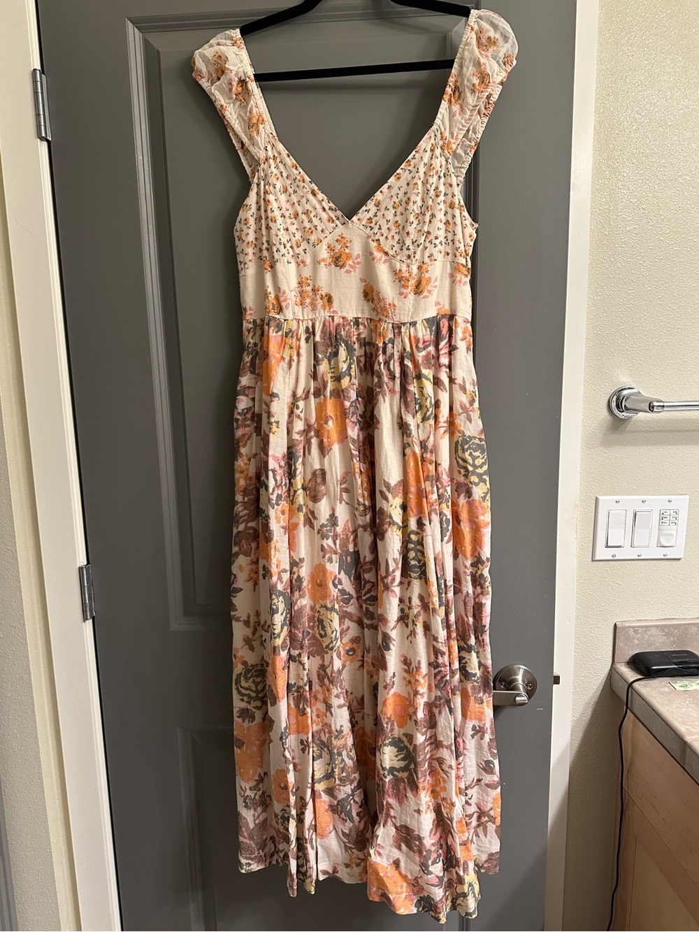 Free People Floral Maxi Dress in Cream, Peach and Olive